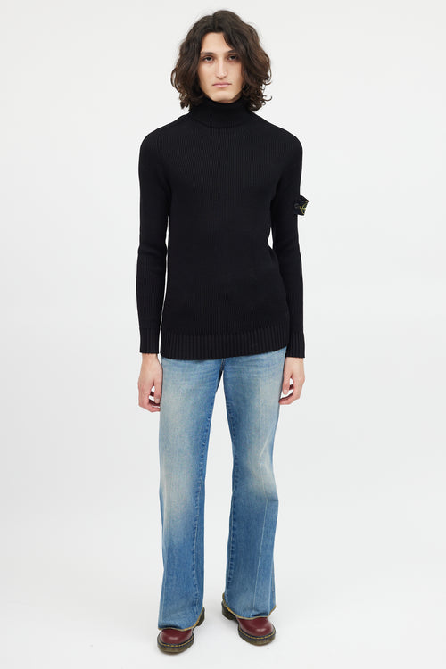 Stone Island Black Ribbed Wool Turtleneck Patch Sweater