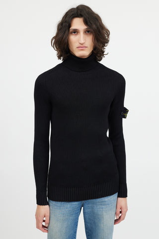 Stone Island Black Ribbed Wool Turtleneck Patch Sweater