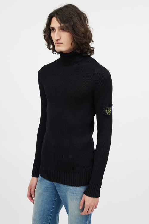 Stone Island Black Ribbed Wool Turtleneck Patch Sweater