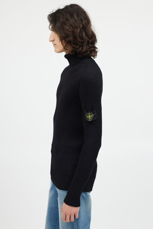 Stone Island Black Ribbed Wool Turtleneck Patch Sweater