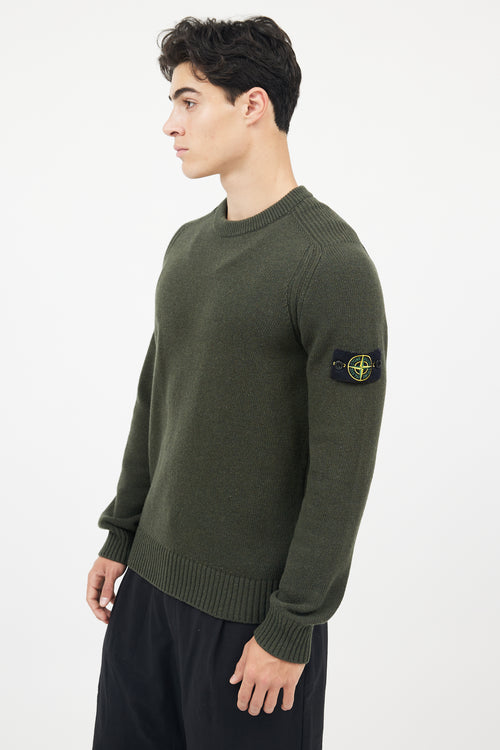 Stone Island Green Wool Knit Logo Sleeve Sweater