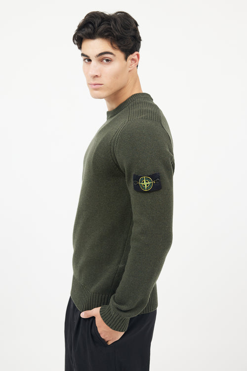 Stone Island Green Wool Knit Logo Sleeve Sweater