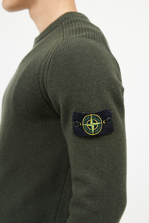 Stone Island Green Wool Knit Logo Sleeve Sweater