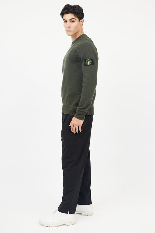 Stone Island Green Wool Knit Logo Sleeve Sweater