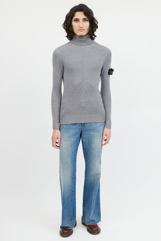 Stone Island Grey Ribbed Wool Turtleneck Patch Sweater