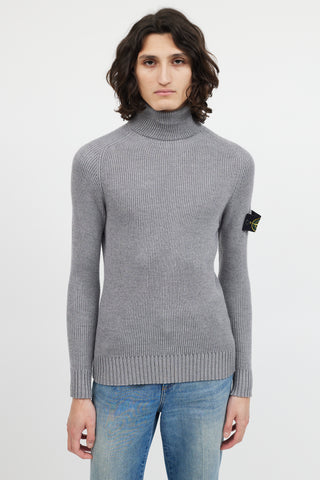 Stone Island Grey Ribbed Wool Turtleneck Patch Sweater