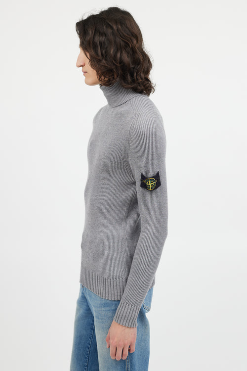 Stone Island Grey Ribbed Wool Turtleneck Patch Sweater