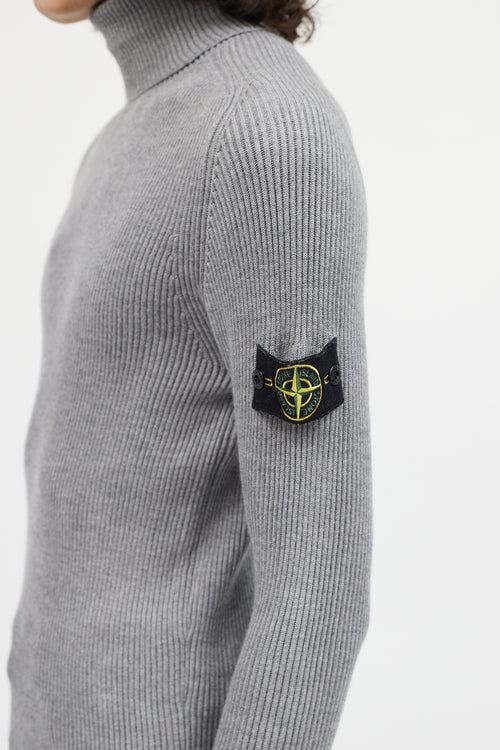 Stone Island Grey Ribbed Wool Turtleneck Patch Sweater