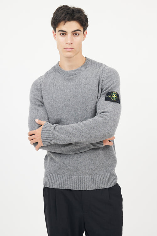 Stone Island Grey Wool Knit Logo Sleeve Sweater