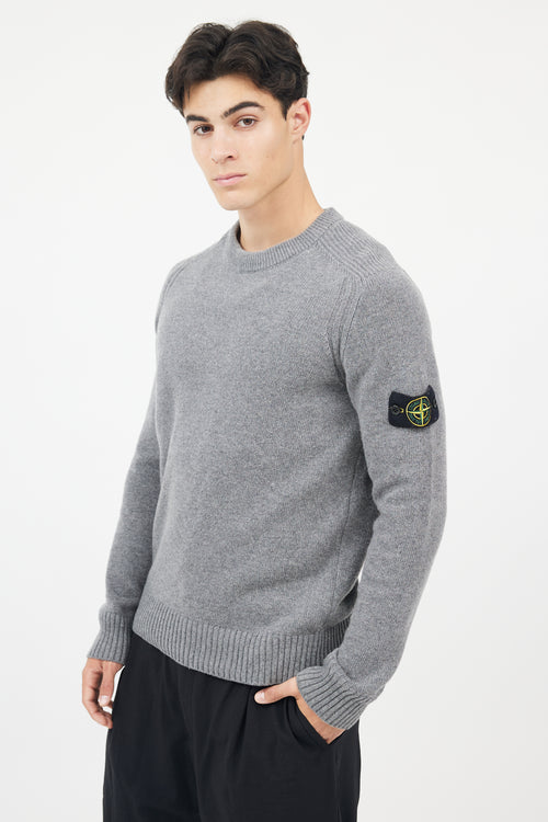 Stone Island Grey Wool Knit Logo Sleeve Sweater