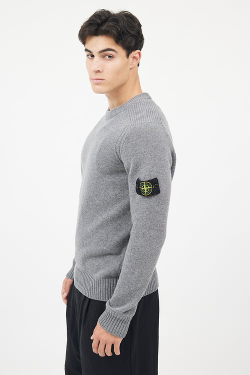 Stone Island Grey Wool Knit Logo Sleeve Sweater