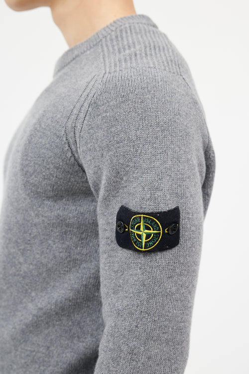 Stone Island Grey Wool Knit Logo Sleeve Sweater