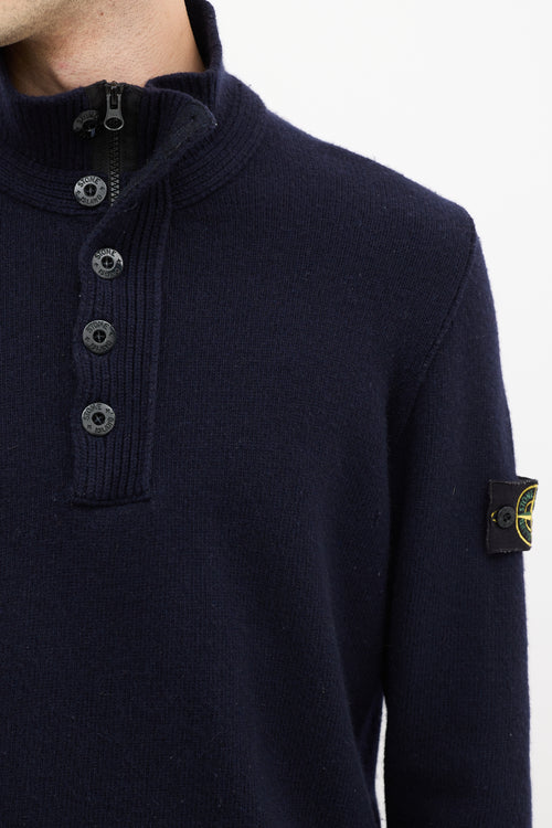 Stone Island Navy Wool Knit Quarter Zip Sweater