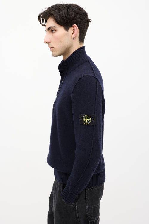 Stone Island Navy Wool Knit Quarter Zip Sweater