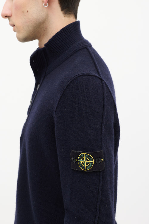 Stone Island Navy Wool Knit Quarter Zip Sweater