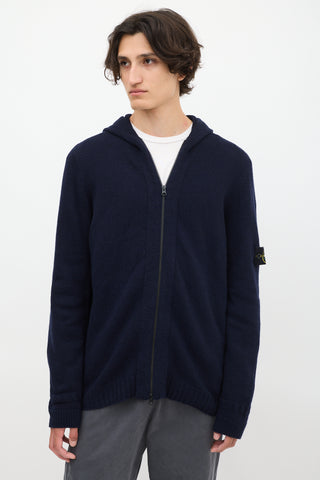 Stone Island Navy Wool Knit Zip Up Hoodie