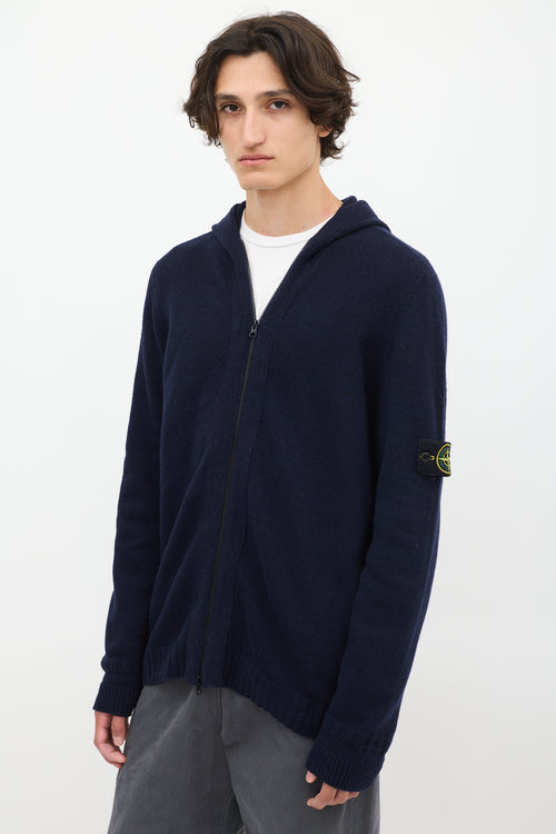 Stone Island Navy Wool Knit Zip Up Hoodie