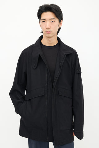 Stone Island Black Wool Stand Collar Coat