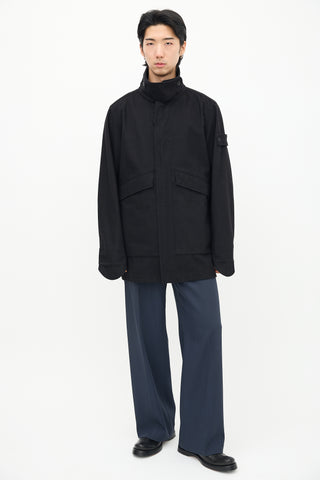 Stone Island Black Wool Stand Collar Coat