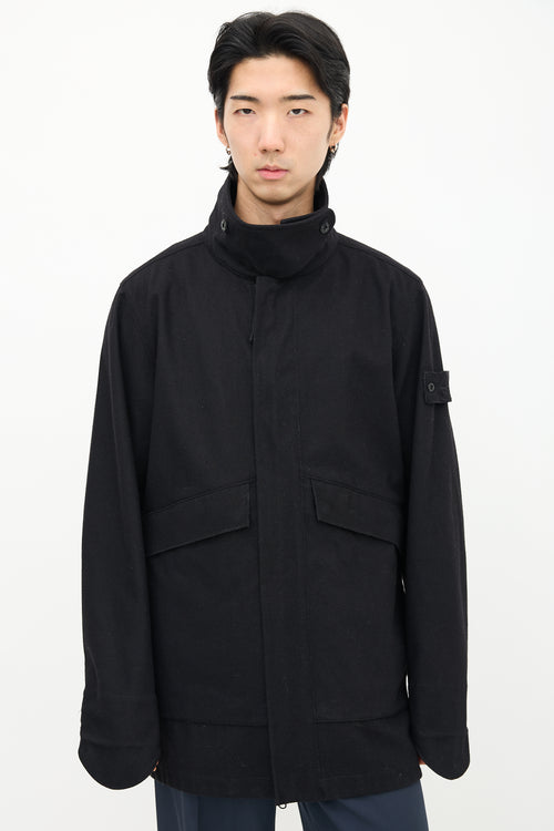 Stone Island Black Wool Stand Collar Coat