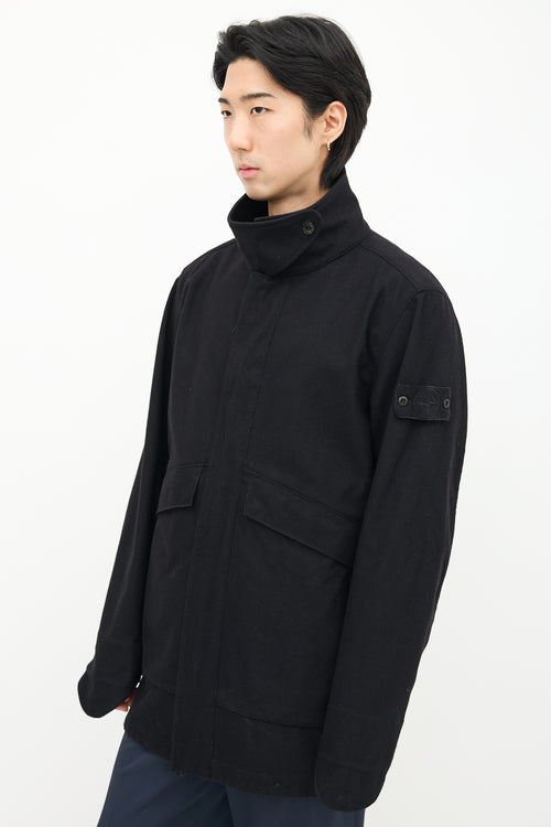 Stone Island Black Wool Stand Collar Coat