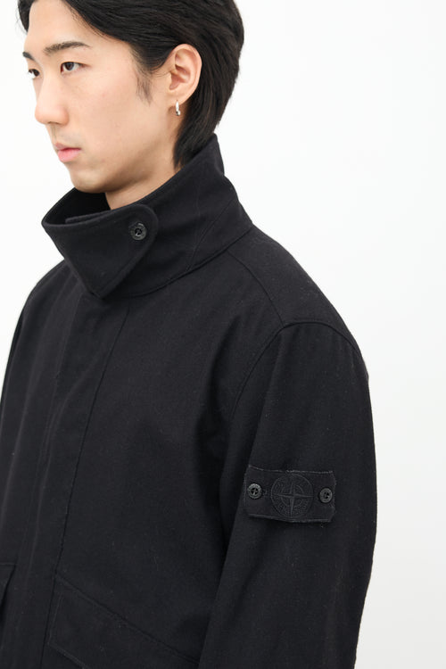 Stone Island Black Wool Stand Collar Coat