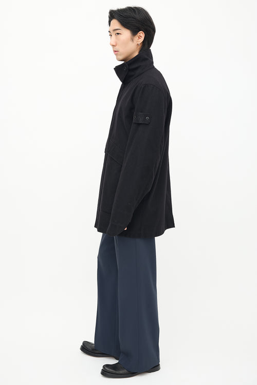 Stone Island Black Wool Stand Collar Coat