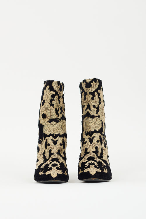 Strategia Black Sherpa 
Gold Floral Heeled Boot