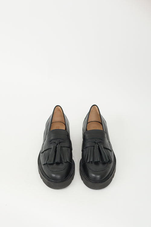 Stuart Weitzman Black Leather Mila Tassel Fringe Loafer