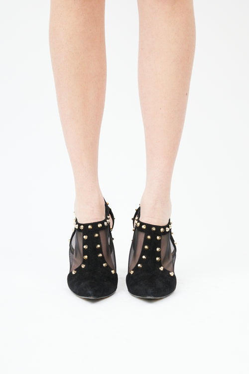  Black Suede Studded Mesh Heel