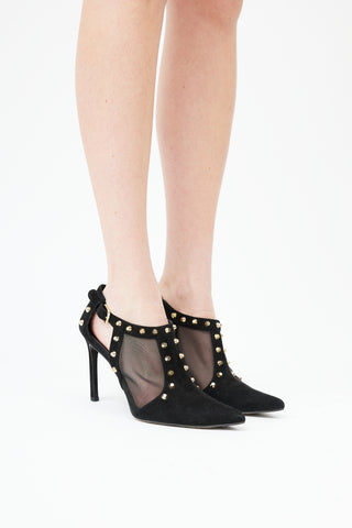 Stuart Weitzman Black Suede Studded Mesh Heel