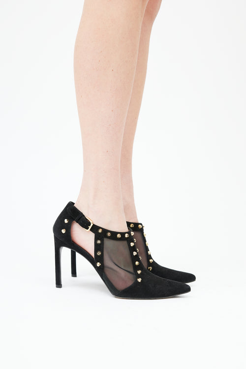  Black Suede Studded Mesh Heel