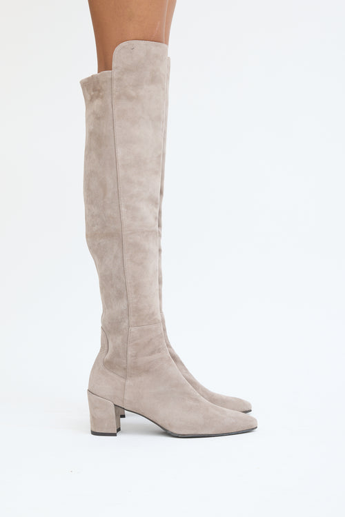 Stuart Weitzman Grey Suede Thigh High Block Heel Boot