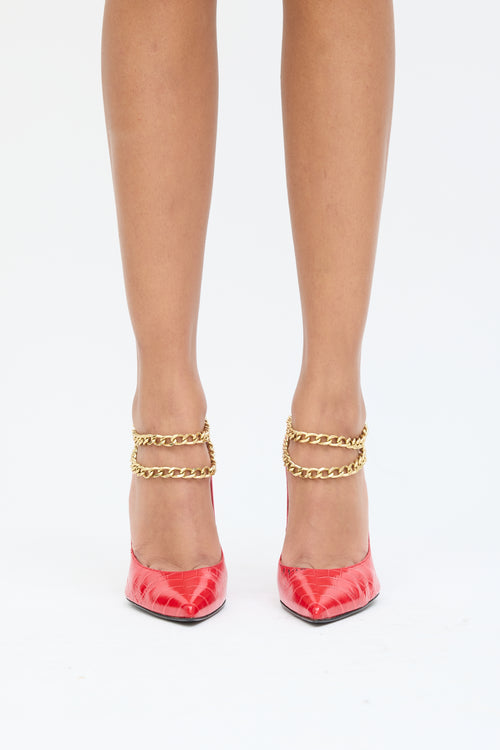 Stuart Weitzman Red Embossed Leather Gold Chain Heel