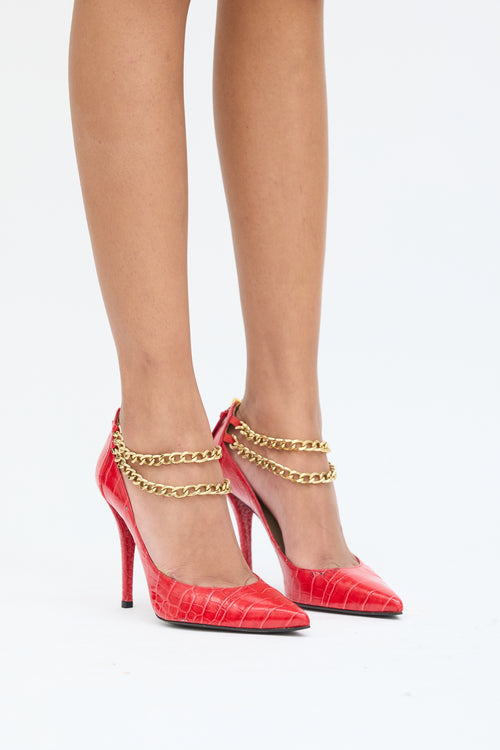 Stuart Weitzman Red Embossed Leather Gold Chain Heel