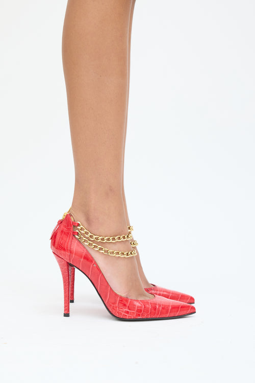 Stuart Weitzman Red Embossed Leather Gold Chain Heel