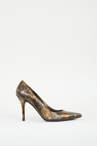 Stuart Weitzman Silver 
Gold Embossed Leather Pump