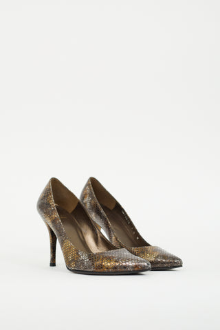 Stuart Weitzman Silver 
Gold Embossed Leather Pump