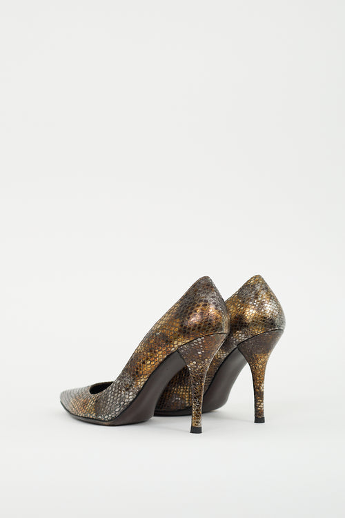 Stuart Weitzman Silver 
Gold Embossed Leather Pump