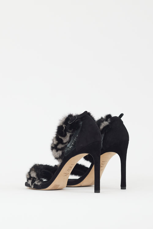 Stuart Weitzman Black 
Grey Fur Strap Heel