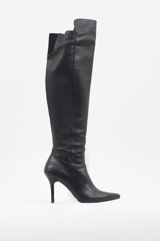 Stuart Weitzman Black Leather Pointed Toe Knee High Boot