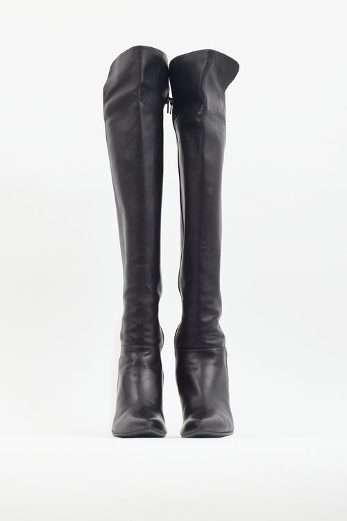 Stuart Weitzman Black Leather Pointed Toe Knee High Boot