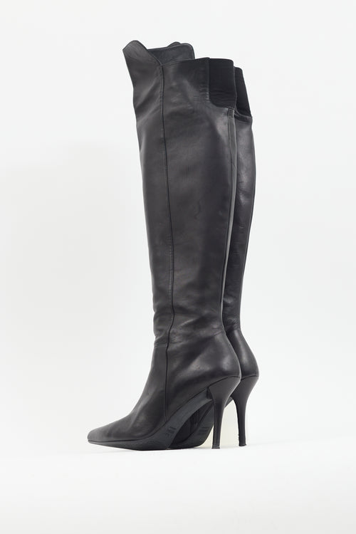 Stuart Weitzman Black Leather Pointed Toe Knee High Boot