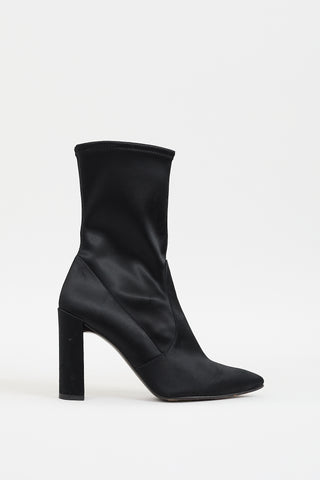 Stuart Weitzman Black Satin Clinger Pointed Toe Boot