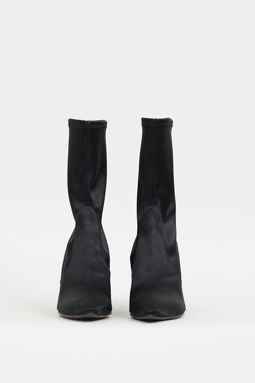 Stuart Weitzman Black Satin Clinger Pointed Toe Boot