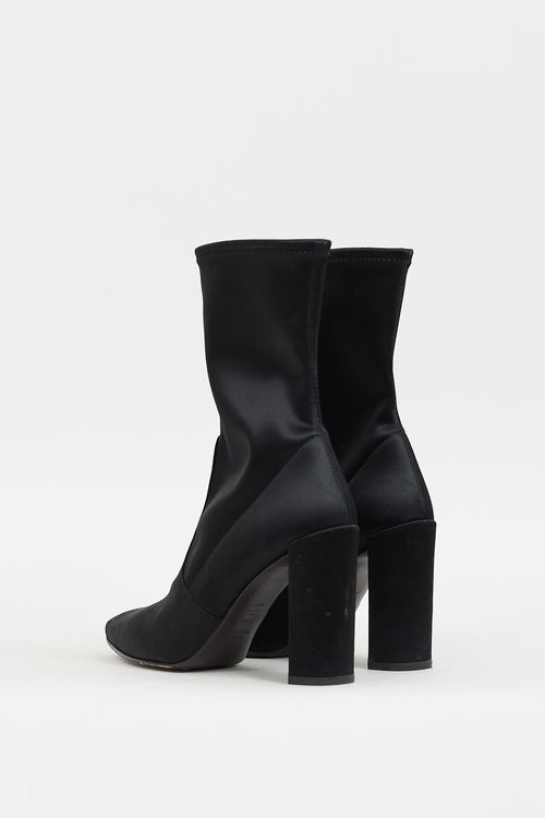 Stuart Weitzman Black Satin Clinger Pointed Toe Boot