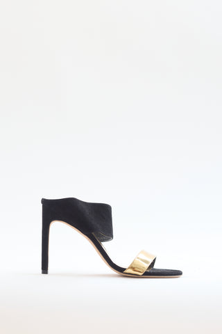 Stuart Weitzman Black Suede 
Gold Leather Heel