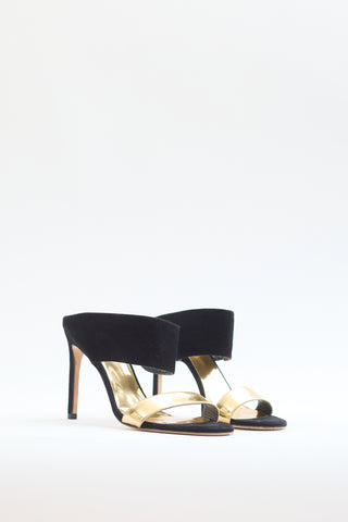 Stuart Weitzman Black Suede 
Gold Leather Heel