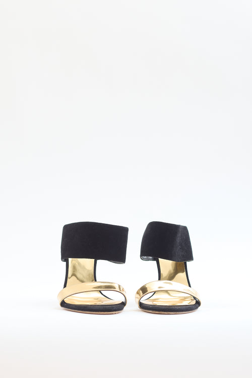 Stuart Weitzman Black Suede 
Gold Leather Heel