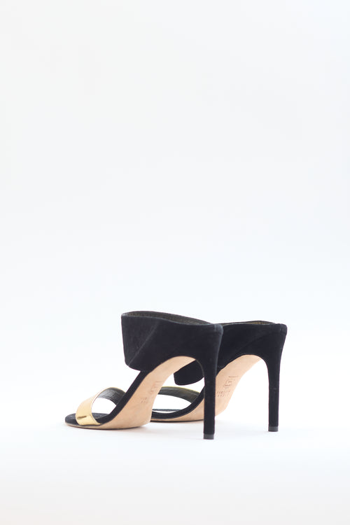 Stuart Weitzman Black Suede 
Gold Leather Heel